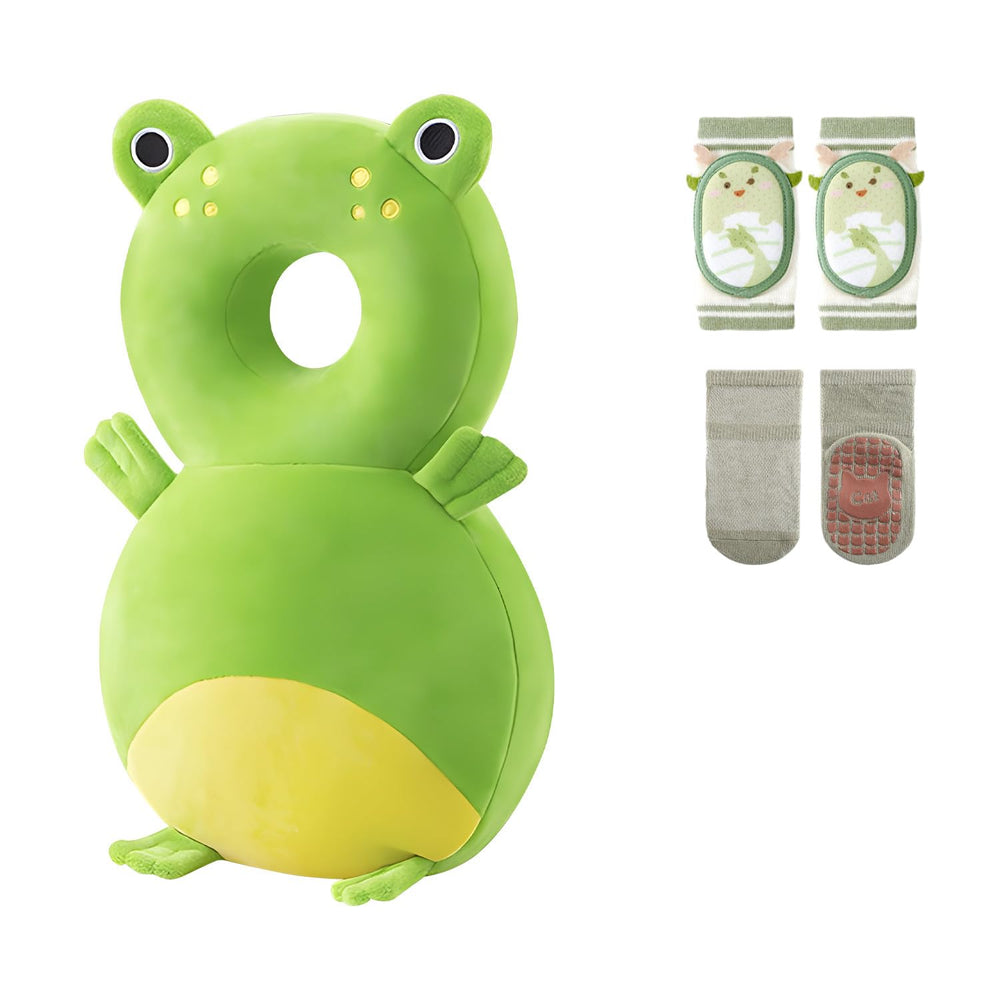 WKC baby head protector frog backpack back view showing protective head coverage for safe play