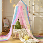 Wnqou Rainbow Bed Canopy top view reveals colorful drama for imaginative play and cozy corners.