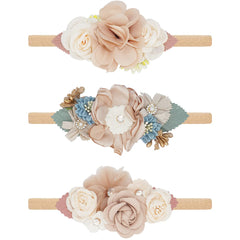 WNYUJOY baby flower headbands set shows soft nylon bands in three coordinating colors.
