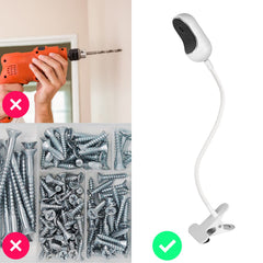 Wochel gooseneck mount crib-clip attachment safeguards furniture during monitoring.