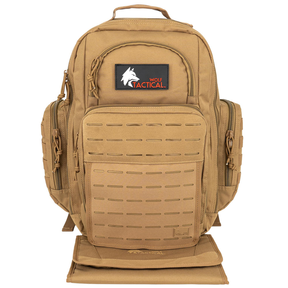 Wolf Tactical diaper bag front view showing organized pockets for busy dads.