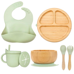 Womorista bamboo suction plate green overall view keeps baby meals neat.
