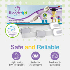 Wonderkid cabinet latch with adhesive pads provides secure, damage-free installation.
