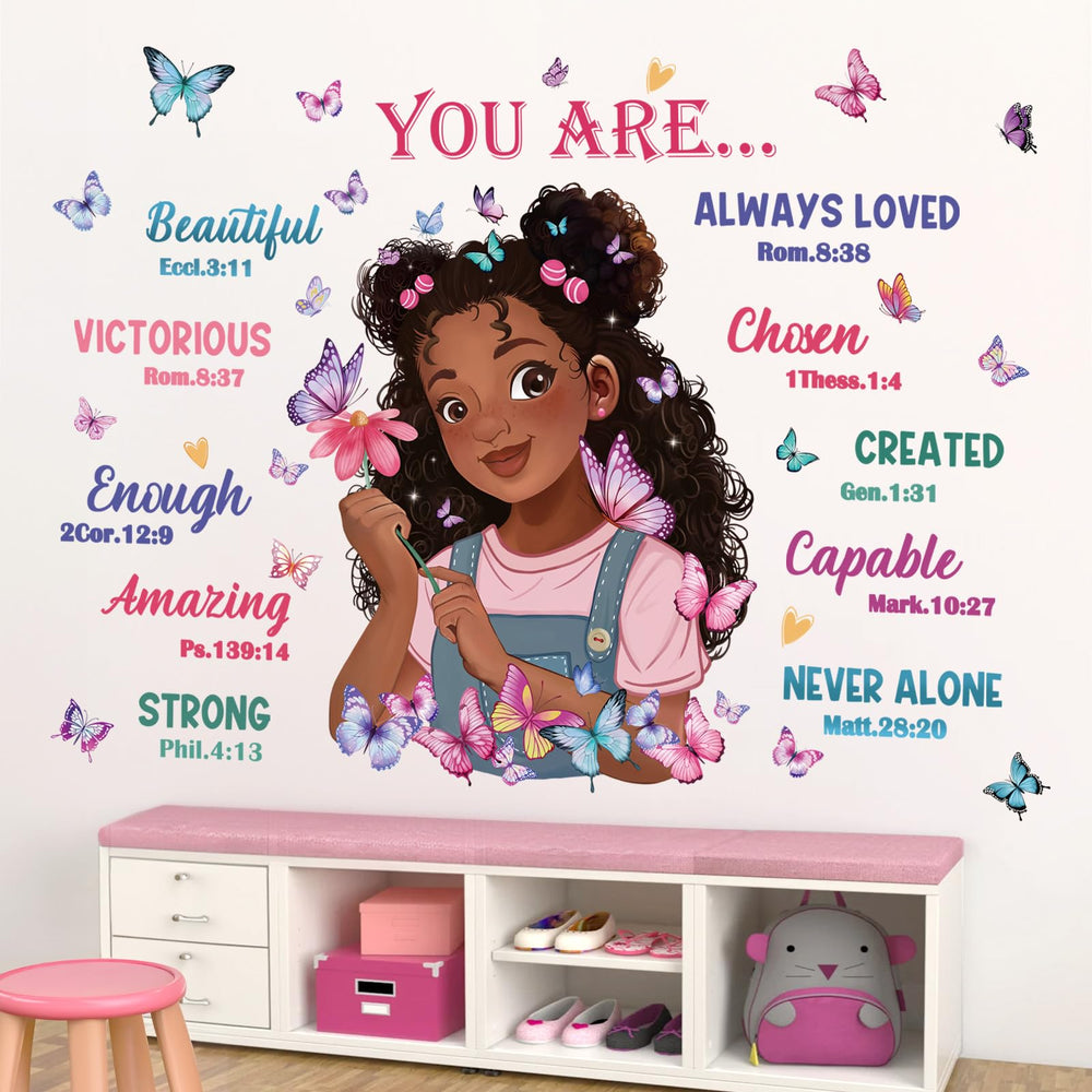 Wondever black girl magic wall stickers on wall with butterflies in a kids room