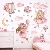 Wondever Pink Fairy on Swing wall sticker with hot air balloon, ideal nursery decor for imaginative play