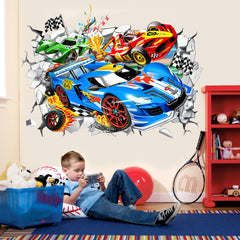 Wondever racing car wall sticker 3D effect enhances playroom walls with dynamic energy.