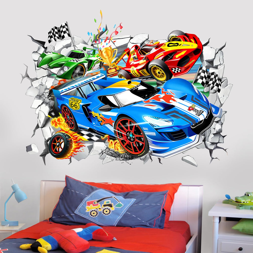Wondever racing car wall sticker assembly adds bold 3D flair to kids' rooms.