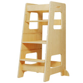 Wood City kitchen step stool with safety rail keeps toddlers secure at the counter.