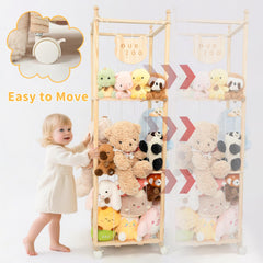 Wood City tall wooden tower-storage demonstrates high capacity for 40+ plush toys.