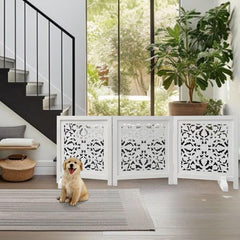 Woodify 3-panel folding dog gate demonstrates flexible room setup.
