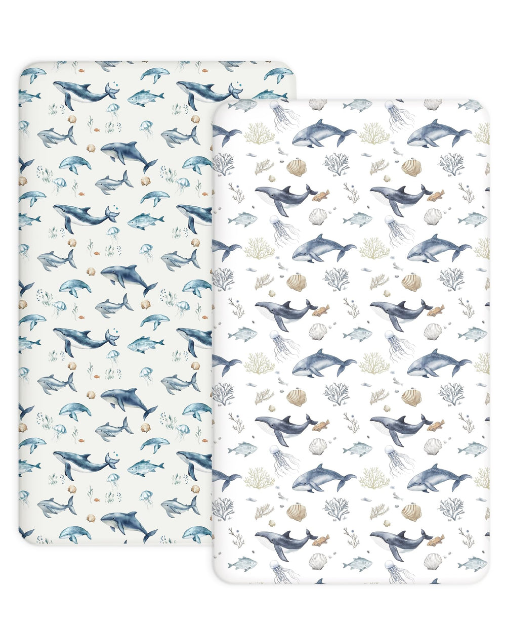 Woodiville Aquatic Adventures crib sheet folded close-up shows soft breathable jersey for gentle naps.