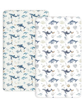 Woodiville Aquatic Adventures crib sheet folded close-up shows soft breathable jersey for gentle naps.