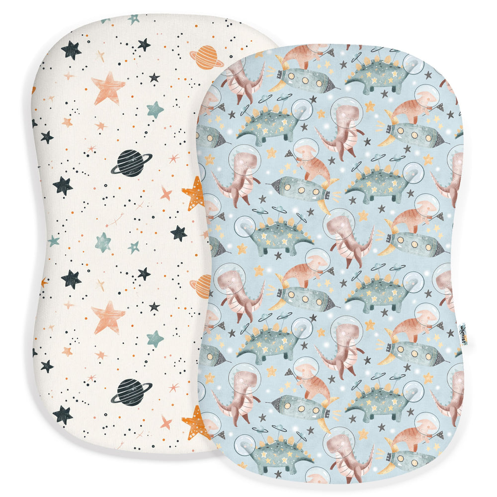 Woodiville Cosmic Dinos cover front view shows soft, breathable fabric for baby comfort.