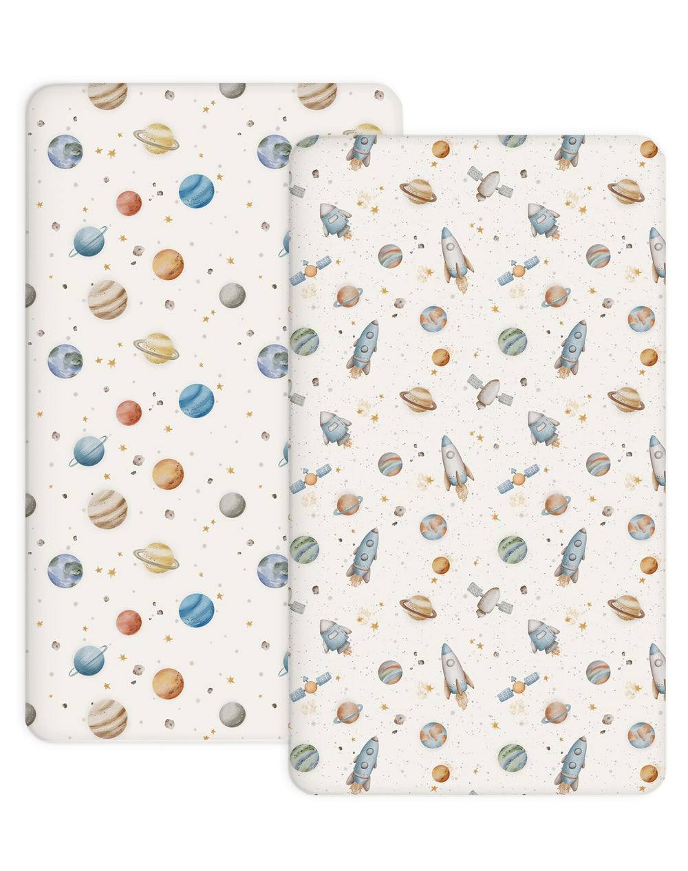 Woodiville Stellar Adventure crib sheet showing snug fit on 28x52 crib mattress with secure edge elastic.