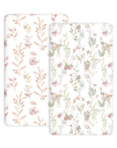 Woodiville Pack N Play Sheets Floral Fawn front view shows snug fit