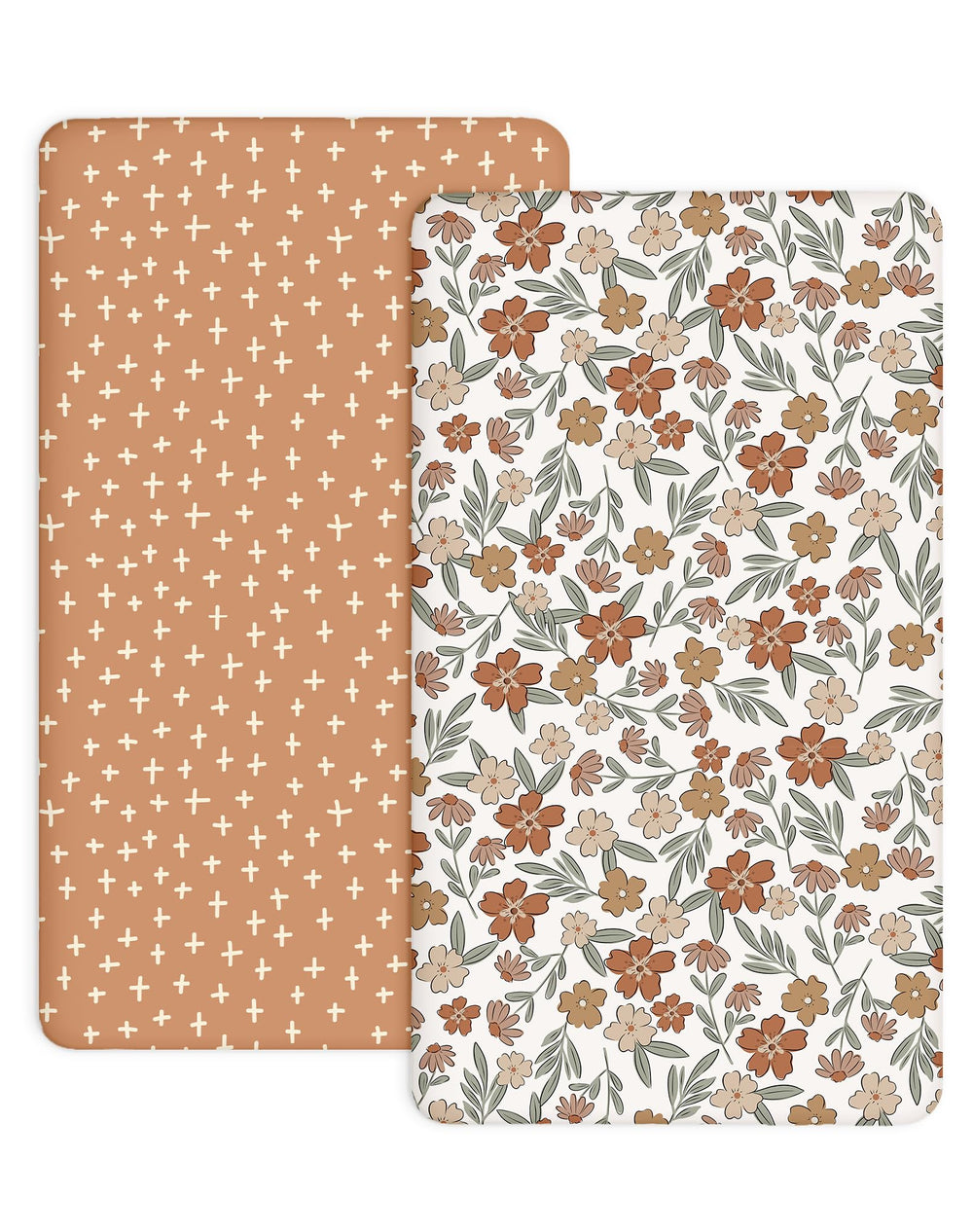 Woodiville Pack N Play Sheets Rusty Garden front view shows snug fit for peaceful sleep.