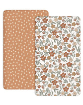 Woodiville Pack N Play Sheets Rusty Garden front view shows snug fit for peaceful sleep.