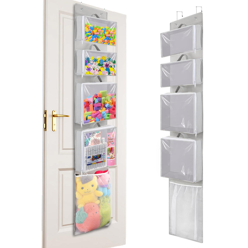 Woodoulogy over-door organizer front pockets offer quick toy access and clutter reduction.