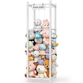 Woodure stuffed animal storage zoo front view shows durable pine wood for tidy toy organization.