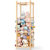 Woodure stuffed animal storage zoo side view highlights space-saving organization for plush toys.