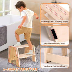 Woodure toddler step stool with handles provides safe climbing in bathroom settings