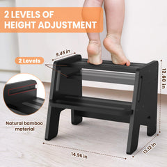 Woodure toddler step stool side-armrests demonstrates safer climbing with grasp assists.