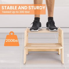 Woodure toddler step stool with slip-resistant base reduces slipping risk.