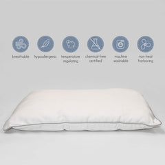 Woolino toddler pillow crib-fit closeup shows versatile size for cribs and beds.