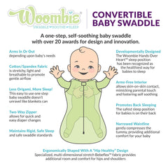 Woombie Stardust Elephant swaddle-gray arms-in pose highlighting secure fit.