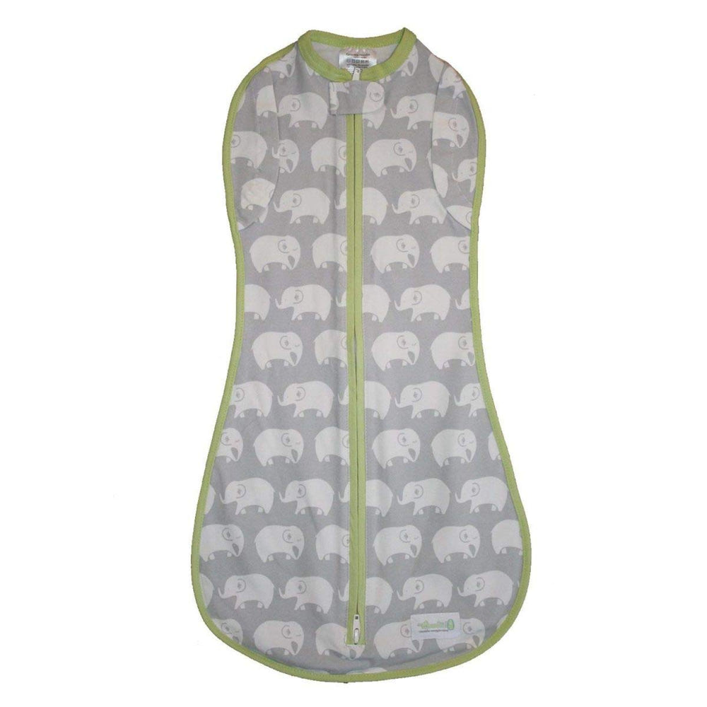 Woombie Stardust Elephant swaddle gray front view shows snug wearable blanket in action.