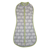 Woombie Stardust Elephant swaddle gray front view shows snug wearable blanket in action.