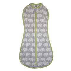 Woombie Stardust Elephant swaddle gray front view shows snug wearable blanket in action.