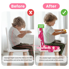 wooshwa Unicorn booster seat features detachable washable cover for easy cleanup after meals.