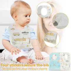 WOOWME disposable bib adhesive strips secure the fit and reduce spills.
