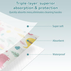WOOWME forest design bib protects clothing during snack time.