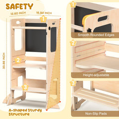 Worldmx learning tower with blackboard panel demonstrates a safe way to explore cooking tasks.