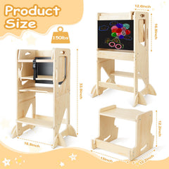 WORLDMX learning tower shows pedal height adjustment for growing kids