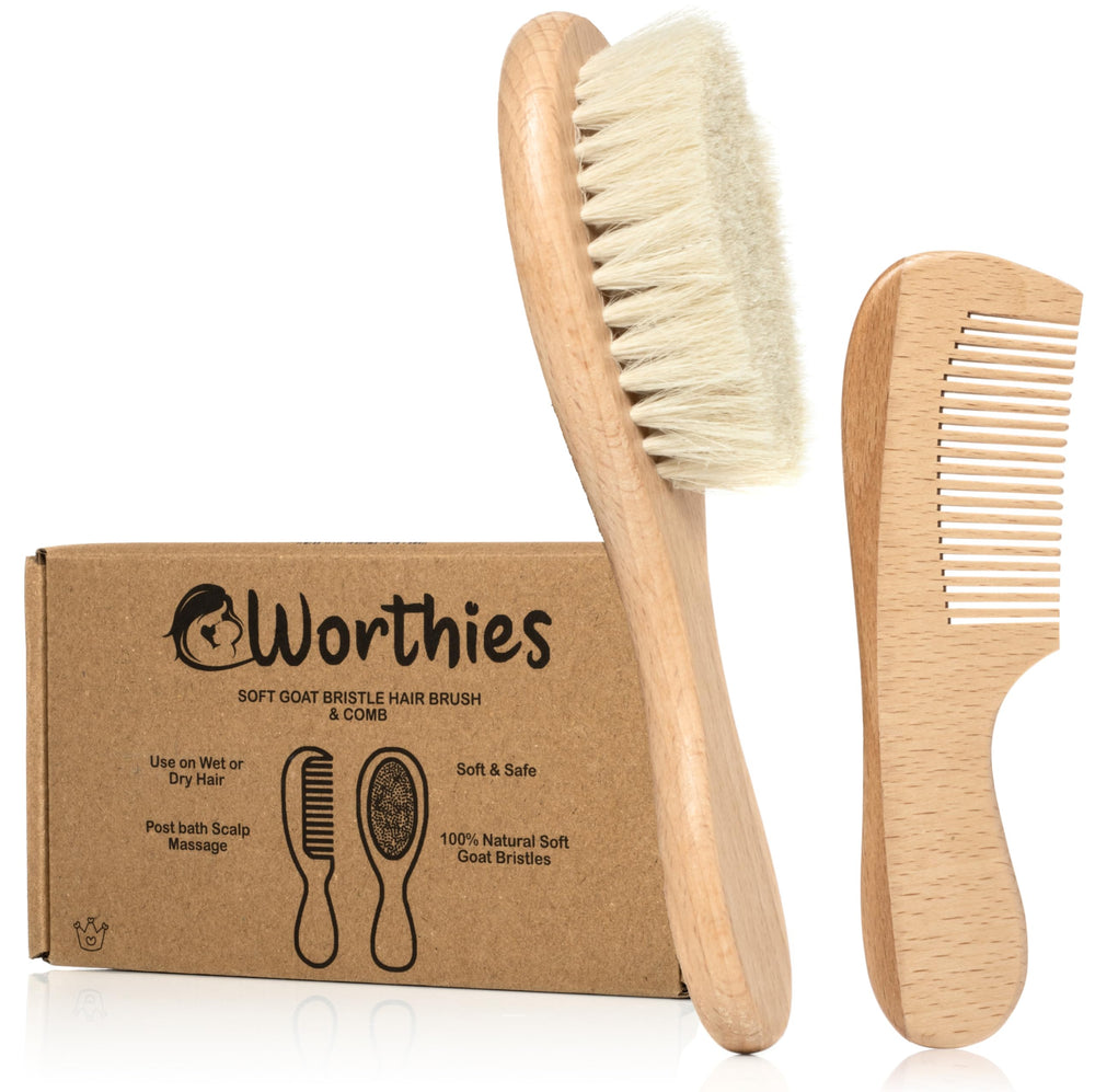 Worthies baby hair brush and comb set with wood bristles for gentle grooming and scalp care.