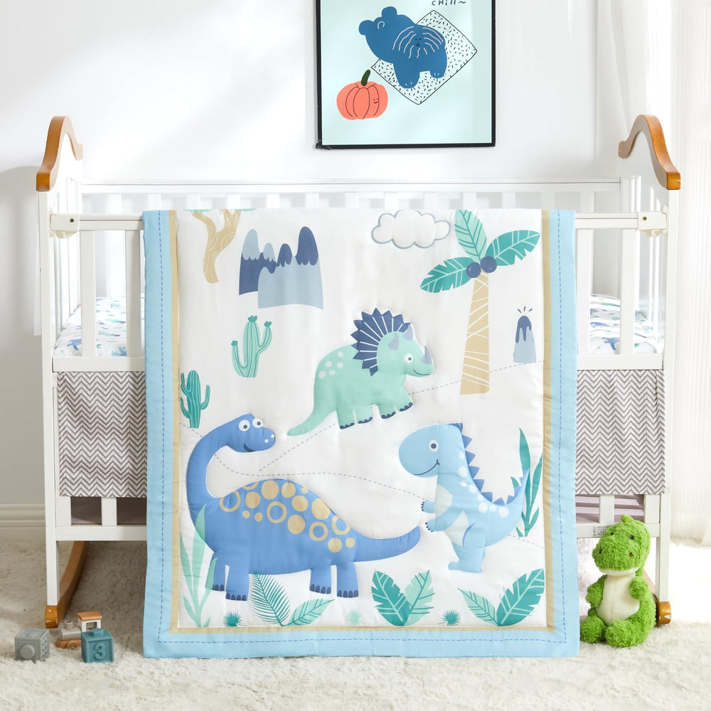 Wowelife Dinosaur crib bedding light-blue comforter enhances nap time coziness.