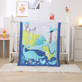 Wowelife dinosaur crib bedding set packaging shows 3-piece layout for nursery setup.