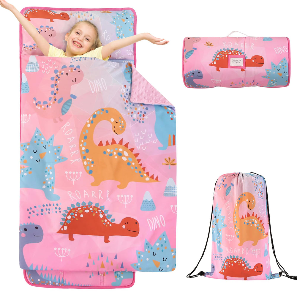 Wowelife dinosaur nap mat pink rolled with carrying strap for easy daycare packing.