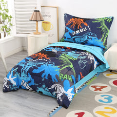 Wowelife dinosaur skeleton comforter blue close-up shows vibrant 3D design