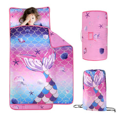 Wowelife Mermaid Nap Mat folded with pillow, ideal for daycare naps.