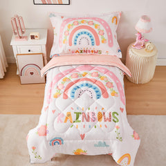 Wowelife rainbow toddler bedding set close-up showing soft, breathable fabric for gentle nights.