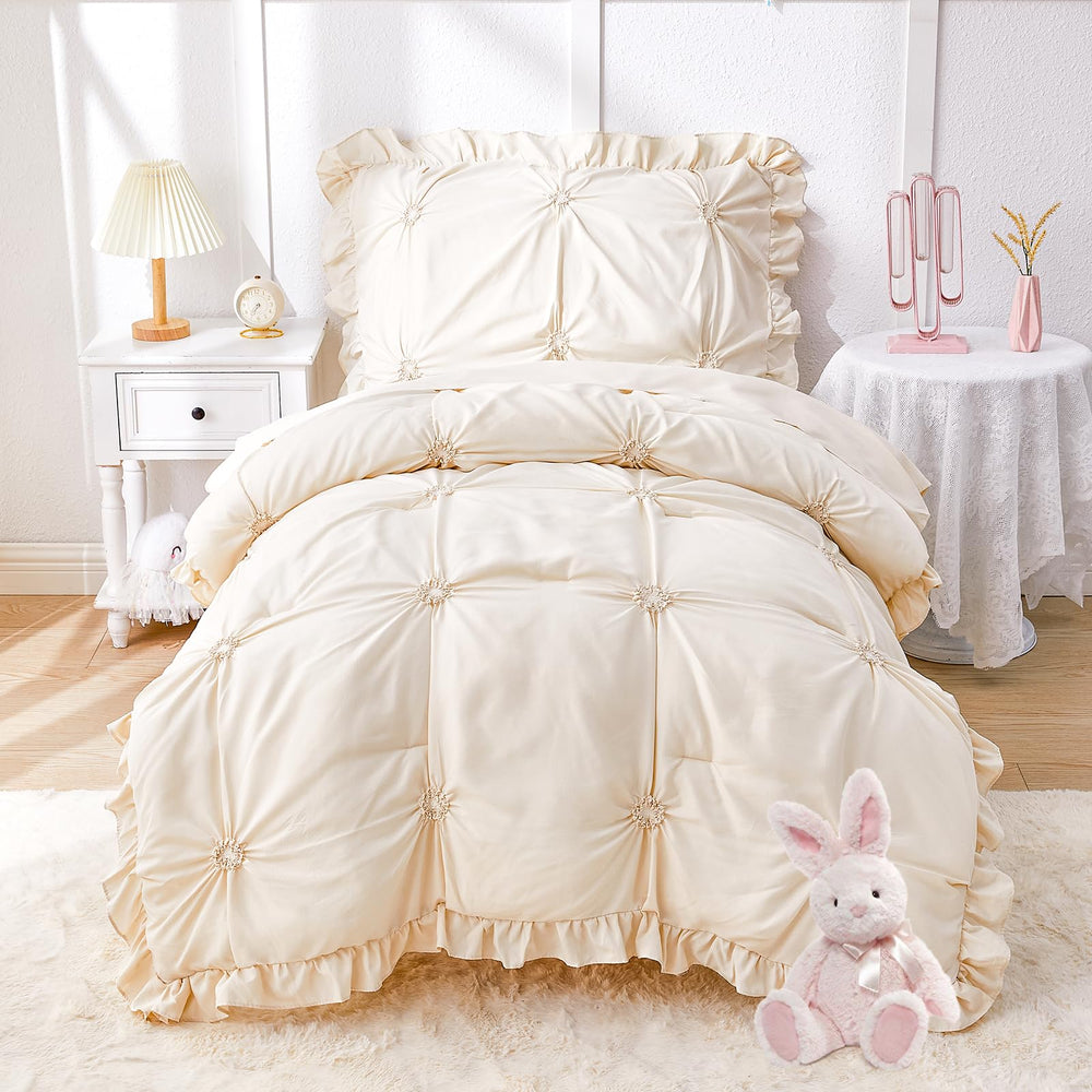 Wowelife toddler bedding set beige floral ruffles closeup, showcasing soft jacquard texture for cozy sleep