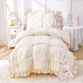 Wowelife toddler bedding set beige floral ruffles closeup, showcasing soft jacquard texture for cozy sleep
