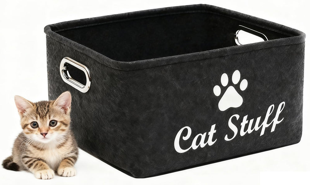 Wpetle cat toy bin with soft felt and metal handles for easy toy cleanup.