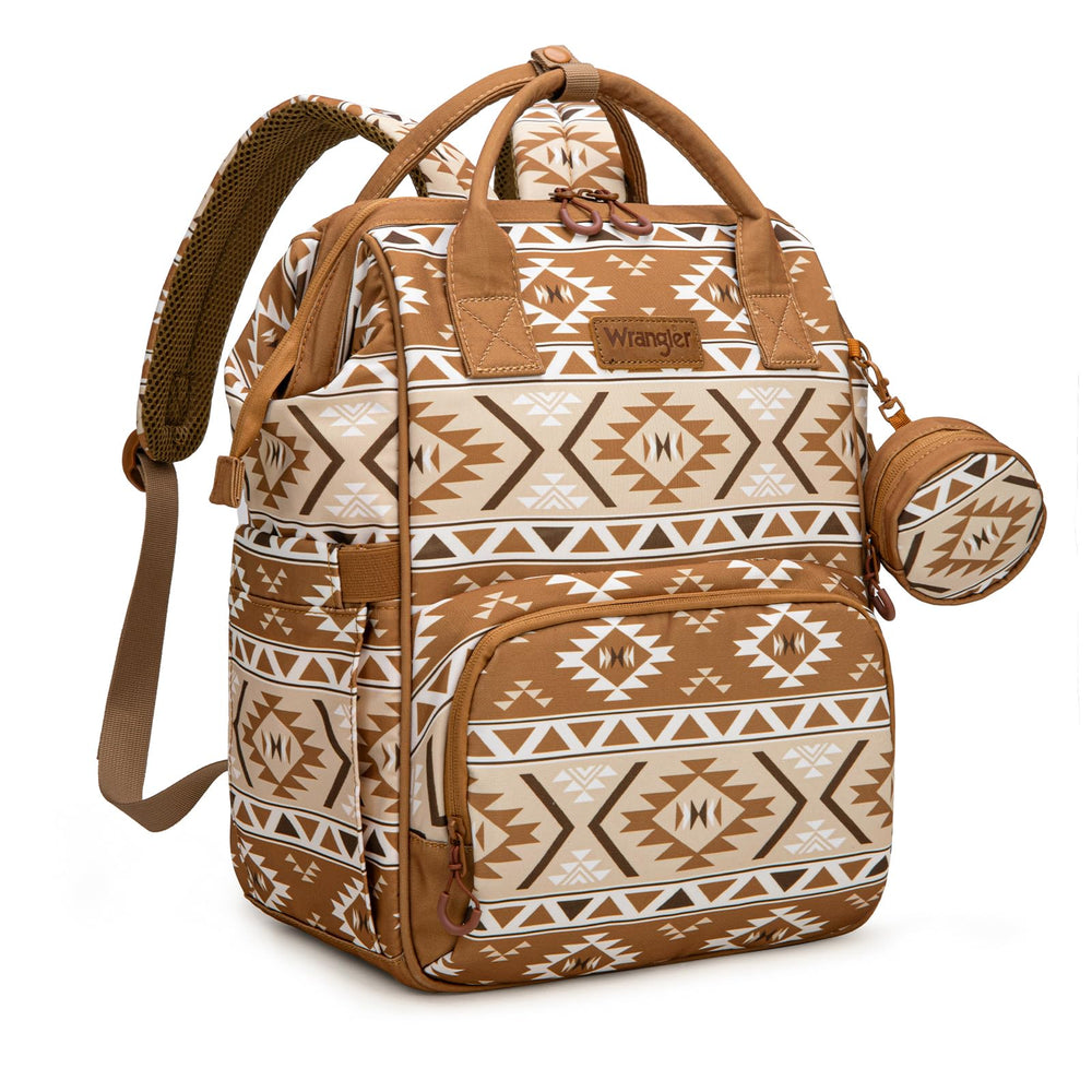 Wrangler Aztec Backpack front view highlighting organized space for baby essentials.