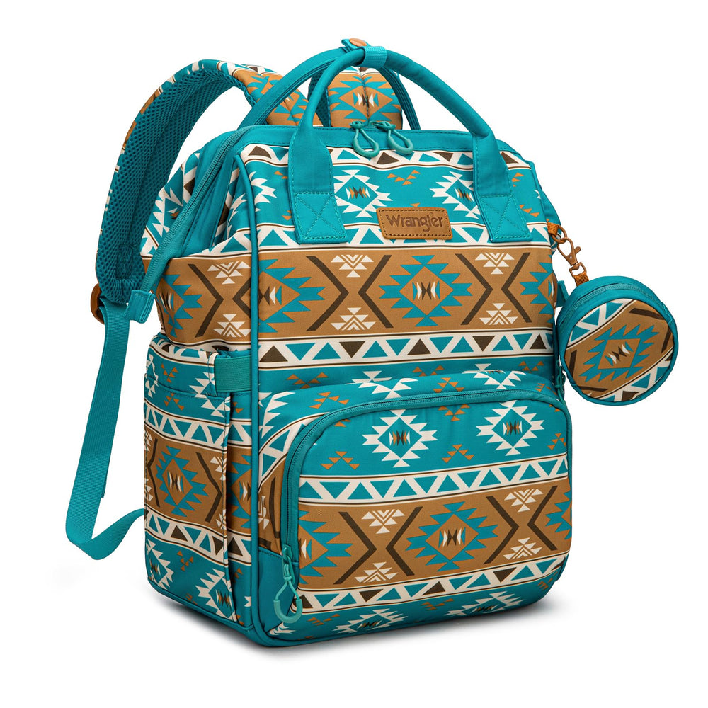Wrangler Aztec Backpack front view, ideal for organized baby gear on daily outings.