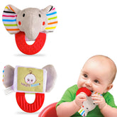 Wristy Buddy elephant teether on wrist provides hands-free soothing for curious babies.